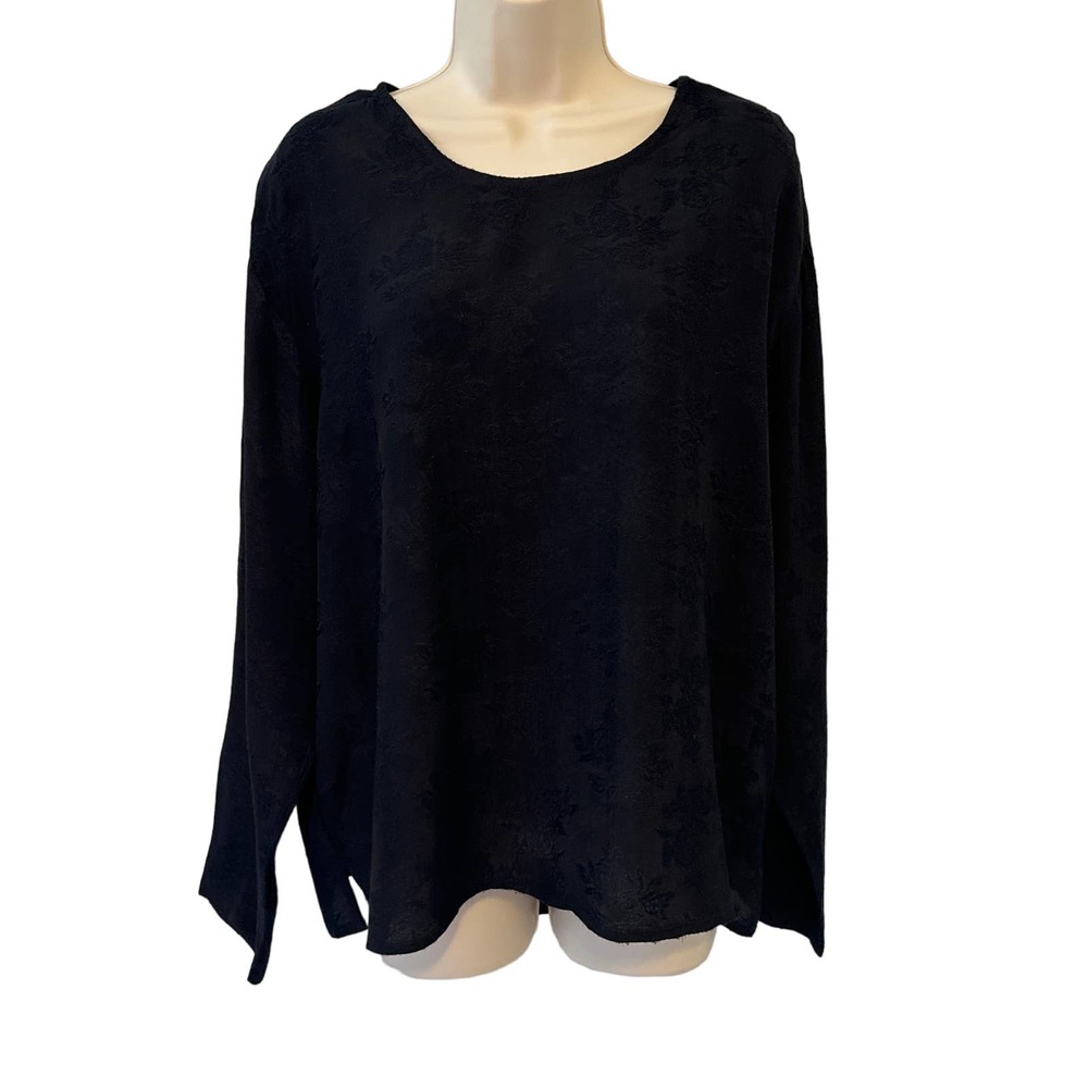 Neil & David Womens Black Floral Jacquard Long Sleeve Blouse Rayon Large 1277